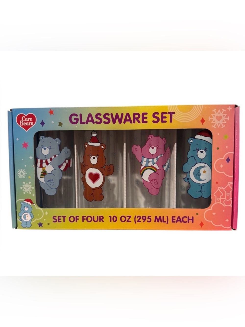 Care Bears Gift Bundle Set of 4 Holiday Christmas Drinking Glasses NWT